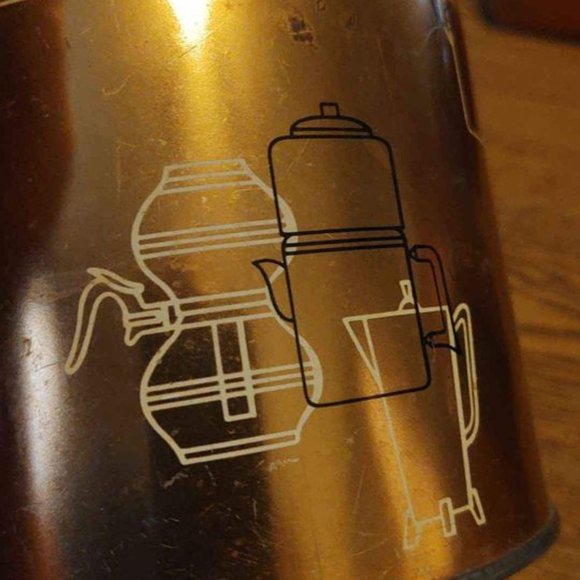 Vintage MCM Copper Coffee Tin Storage Container W/ Lid Graphic Print Pots - Picture 11 of 14